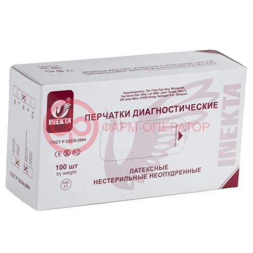 Инекта перчатки смотровые латексные нестерильные неопудренные №100 (50 пар) текст р м белые