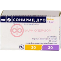 Сонирид дуо таблетки 5мг + 0.4мг №60 30 + 30 в наборе: тамсулозин (капсулы пролонгированного действия 0.4 мг)-5 шт., финастерид (таблетки покрытые пленочной оболочкой 5 мг)-5 шт.