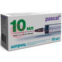 Паскаль инъекционный стерильный 3-х компонентный 10мл №10 игла 21g 0,8х40мм типа луер