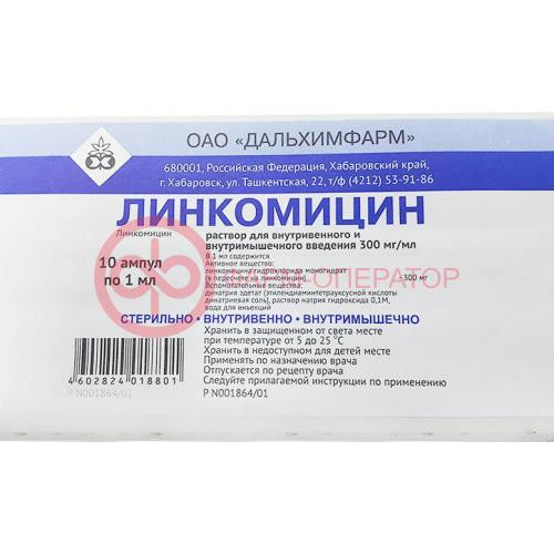 Линкомицин раствор для внутривенного и внутримышечного введения 300мг/мл 1мл №10