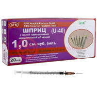 Сфм шприц инсулиновый u-40 1мл №20 3-х ком. съем. игла 26g 0,45 х12,0мм