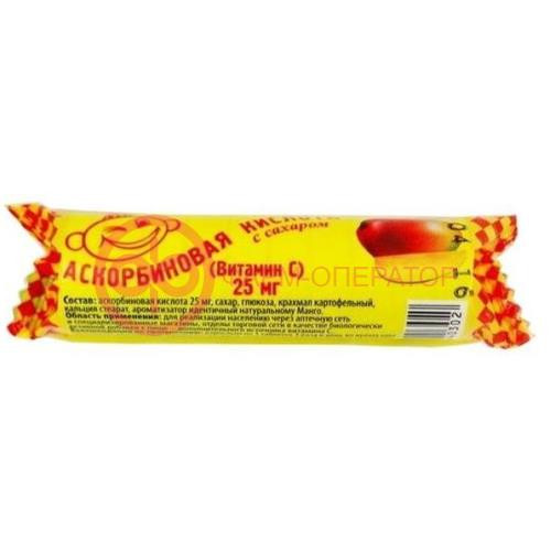 Аскорбиновая кислота с сахаром таблетки жевательные 25мг 3.0г №10 вкус манго крутка Аскорбиновая кислота с сахаром таблетки жевательные 25мг 3.0г №10 вкус манго крутка