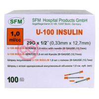 Сфм шприц инсулиновый u-100 1мл №100 3-х комп. интег. игла 29g 0,33 х12,7 мм